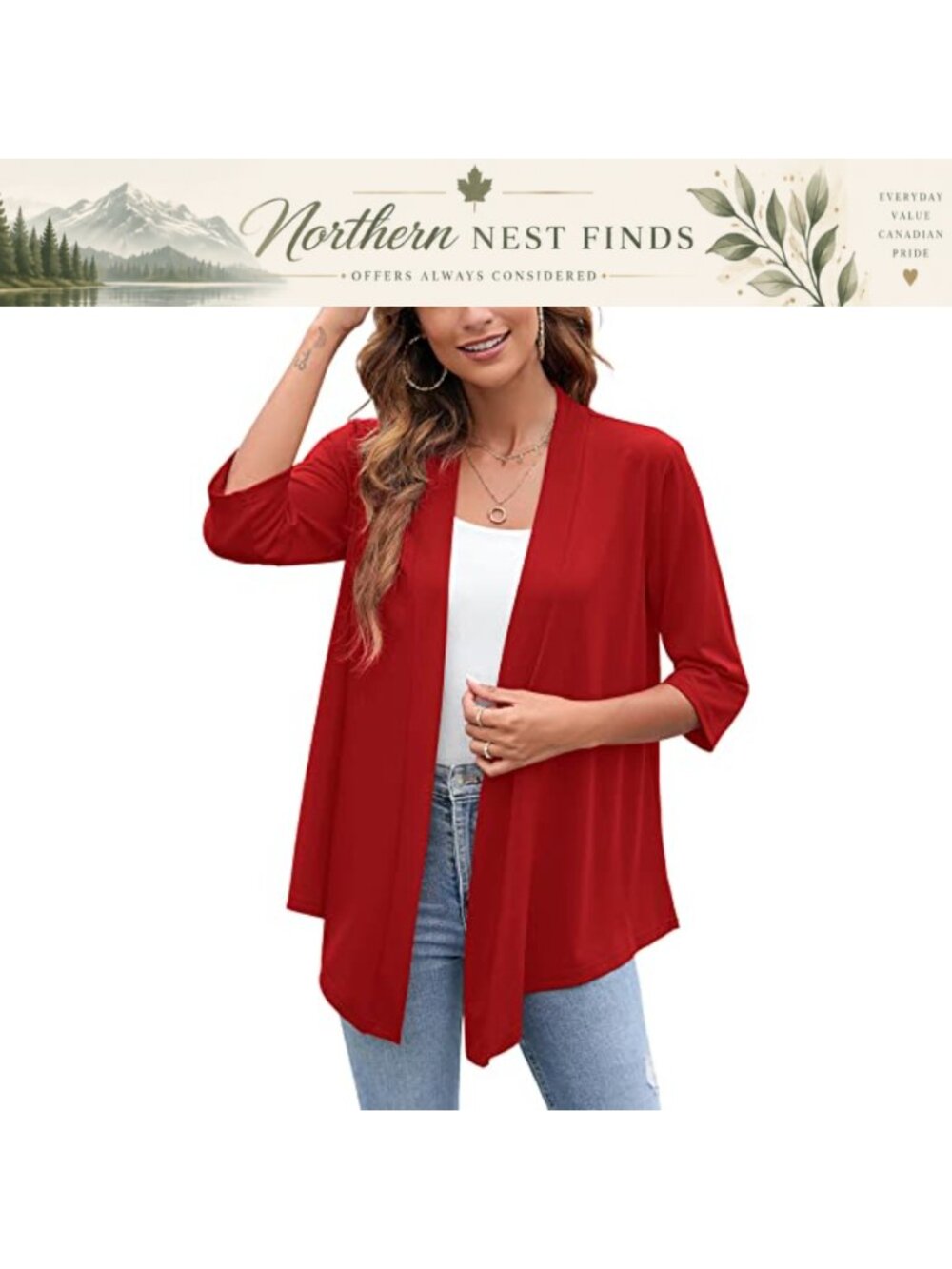 Women's 3/4 Sleeve Open Front Draped Cardigan Lightweight Casual Sweater